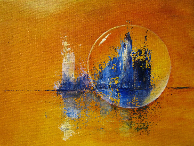 Tower in Blue, abstract acrylic painting of a crystal ball in front of a blue island on yellow orange background canvas 24x18cm.