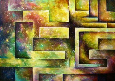 Amazing Maze, colourful acrylic painting of geometric figures like a labyrinth on canvas 70x50cm.