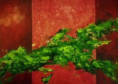 Green Verve, abstract painting of green splashes on a red background with vertical lines to give it more depth, canvas 24x18cm