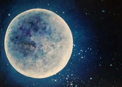Acrylic painting of a full moon in a dark night on a small canvas 24x18cm. called Illuminated.
