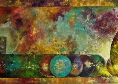 The Order of Chaos, very colourful acrylic textured painting. It looks like a mess of colours, but in these colours you can discern circles and rectangles who make order in the chaos. Canvas 120x40cm.