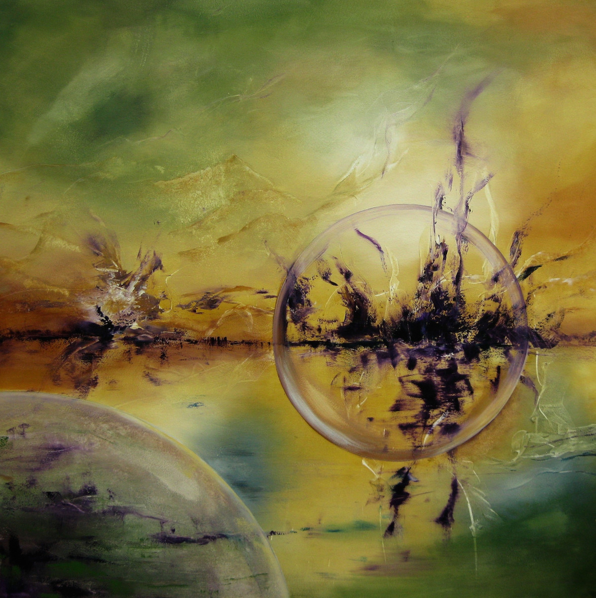 Into the Coloured Future, abstract painting of a globe floating in front of a brownish horizon. The sky is green yellow and brown. In the front you see another purple globe.