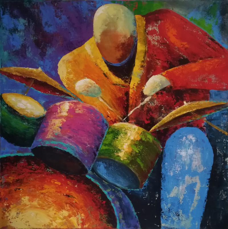 Feel the Tingle in your Feet, very colourful acrylic painting of a drummer on canvas 50x50cm.