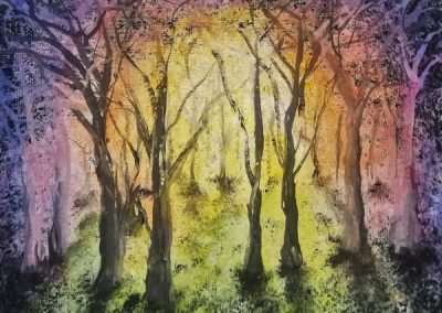 Rainbow Forest acrylic painting of a coloured forest on canvas 20x20cm.