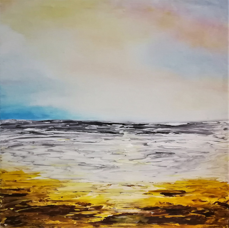 Memory, ink and gesso texured painting on canvas 50x50cm. You see a bright light sky with pastel coloured clouds. In front the ocean with the golden sand to walk on.