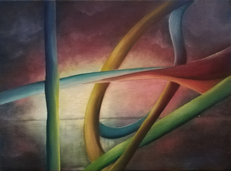 Almost Freedom. Oil painting of colourful bent bars in front of a quiet lake.