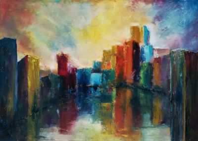 Candy Land, abstract oil painting of a very colourful city at the waterside. The city reflects in the water on the front. The sky is ful of coloured clouds.