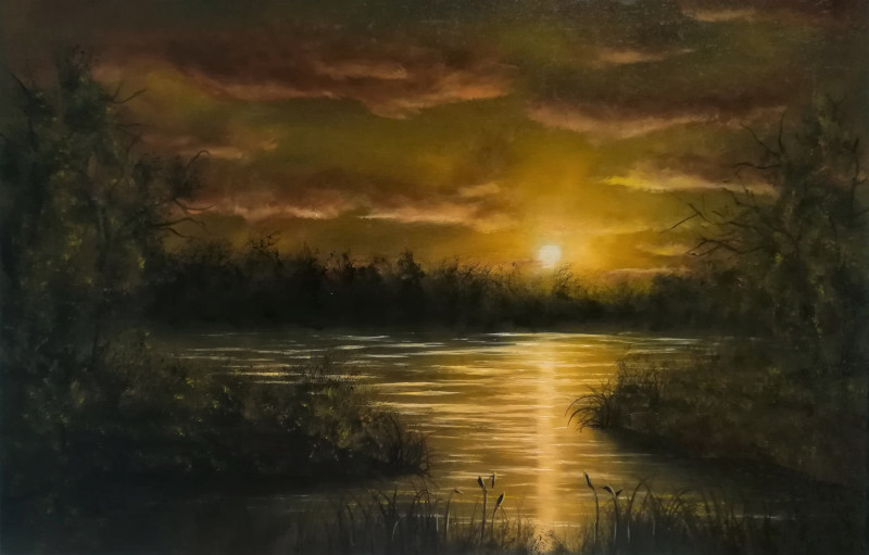 Golden Sun painting about a bright light shining on a lake. The yellow, green, orange colours are very brilliant