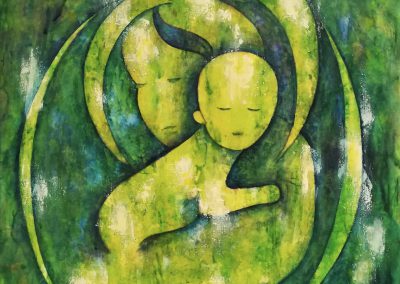 Motherhood, acrylic painting in shades of green yellow and blue of a silhouette of a mother with her baby child on her arms
