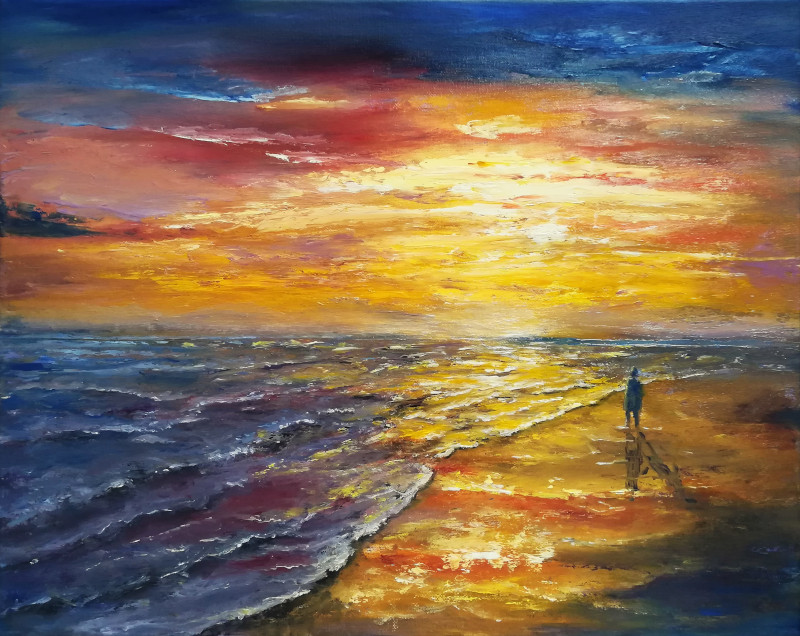 Retirement oil painting of someone standing on a colourful beach.