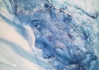 The Age of Aquarius, blue ink painting of a face on a texured white canvas 50x70cm. The face is coming out of the water like aphrodite the water goddess. She also came out of the water.