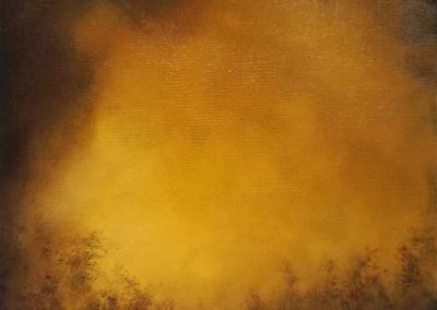 Forest Fire, oil painting on canvas board of an impression of light in yellow and brown.