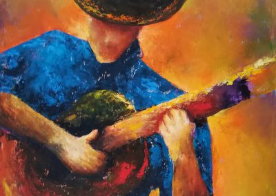 Johnny B Goode colourful painting of guitar player. He wears a blue shirt and a brown hat in front of an orange background. The guitar seems to be red-ish.