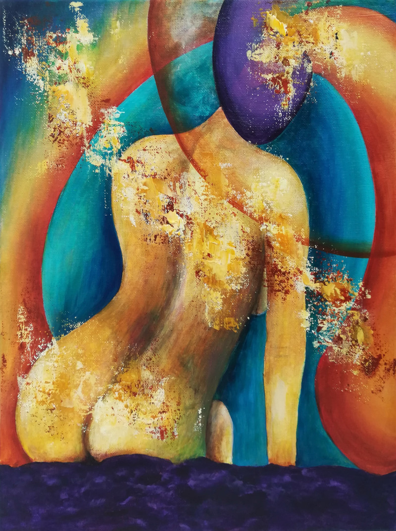 Outrageous , abstract figurative painting of a very colourful nude female figure in yellow and orange on a blue and orange background. The woman is sitting on purple sheets on a bed.