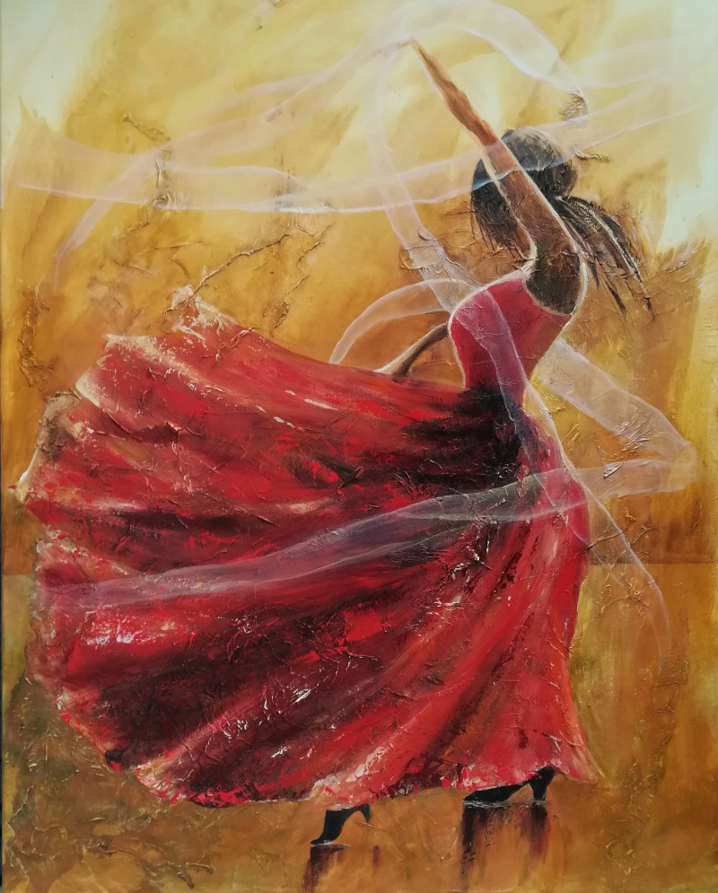 Passionate Haze painting of a flamenco dancer in a red dress. She waves around with long transparent strings. Her shoes reflect on the floor as if the floor is wet or slippery.