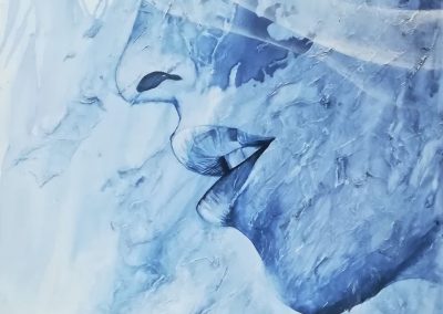 Speechless, ink painting of the profile face of a woman in blue and white on a textured background