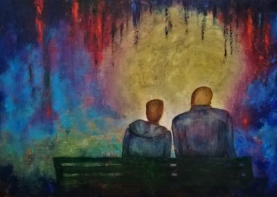 Talking with Dad, colorful painting of a man and a boy sitting on a park bench. You see them from the back. They look into a light. It is as if the're sitting in a cave or a hole, you see wisps hanging from above.