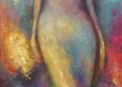 The Lightness of Being, vague silhouette of a woman on a colorful background. It is as if she is feeling good and walking very easy. canvas 50x150cm.