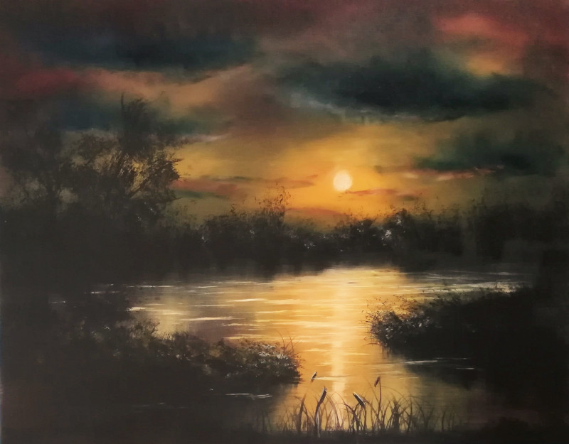 The Sun in the Lake, Oilpainting of a little lake or a swamp at night. The sun is rising on the water on the horizon you see trees and bushes. In the foreground some wool grass is growing. The colours are yellow, orange and blue. With the woolgrass in the foreground it could be the environment where I grew up at the peatland.