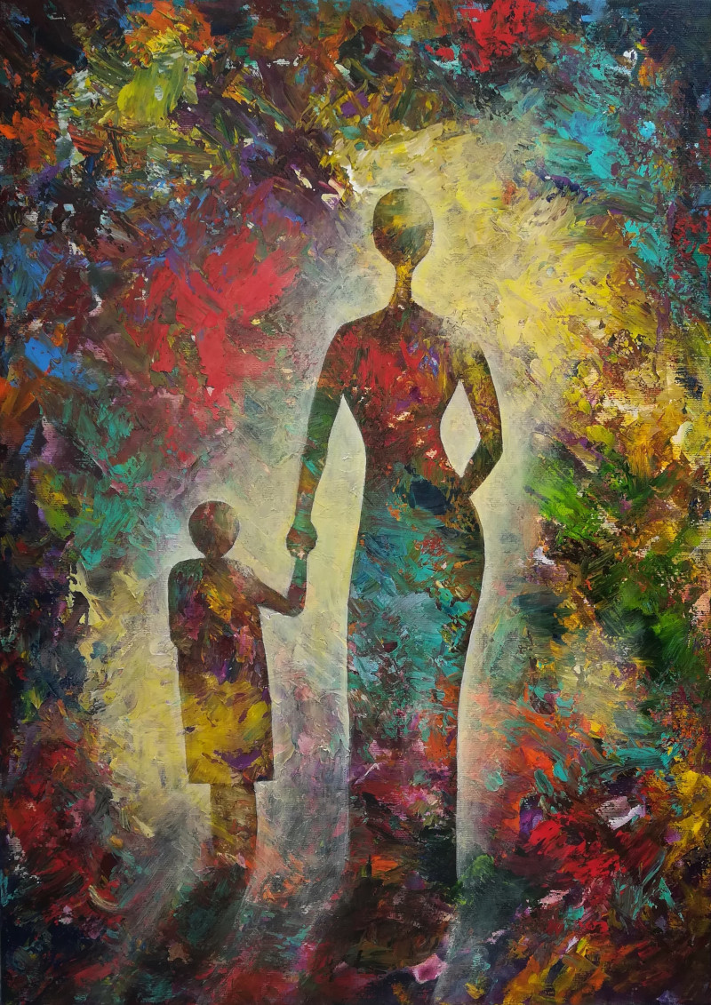 Walking with Mom acrylic painting of two silhouettes walking on a colorful "carpet". The colors almost dissolve in the light of the background and appear again within the clear contours of the mother and her daughter. 50x70cm.