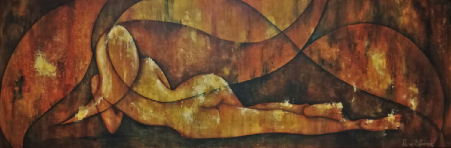 Gracious, painting of a nude seen from the back. The woman or girl is lying on her side. This painting is in yellow and brown and belongs to the serie of "moodpaintings" with a title ending on -ious-.