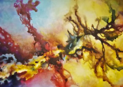 Infusion. abstract artwork, painting in acryllic and ink. You can see splashes in many colours and in all directions.