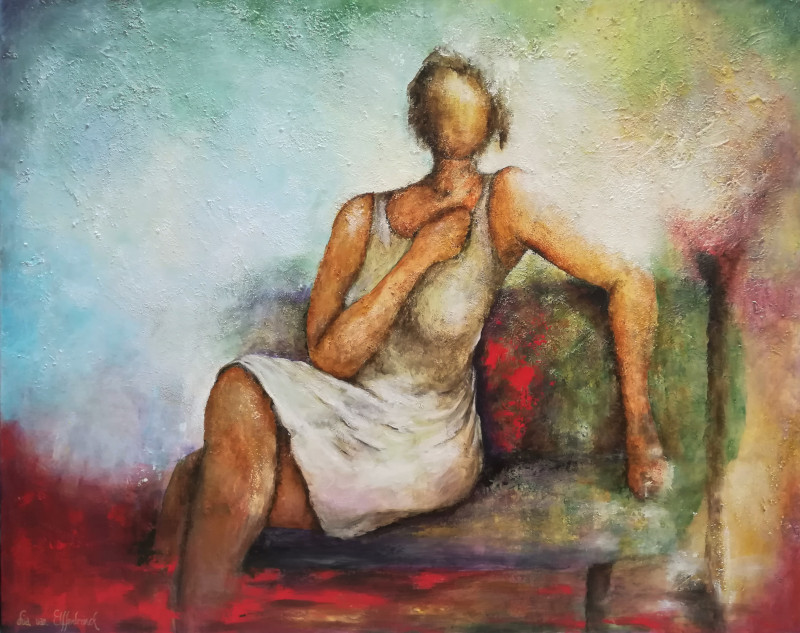 No Regrets. Painting of a woman sitting on an abstract colourful sofa. She is wearing a white dress without sleeves. She feels no regrets at all.