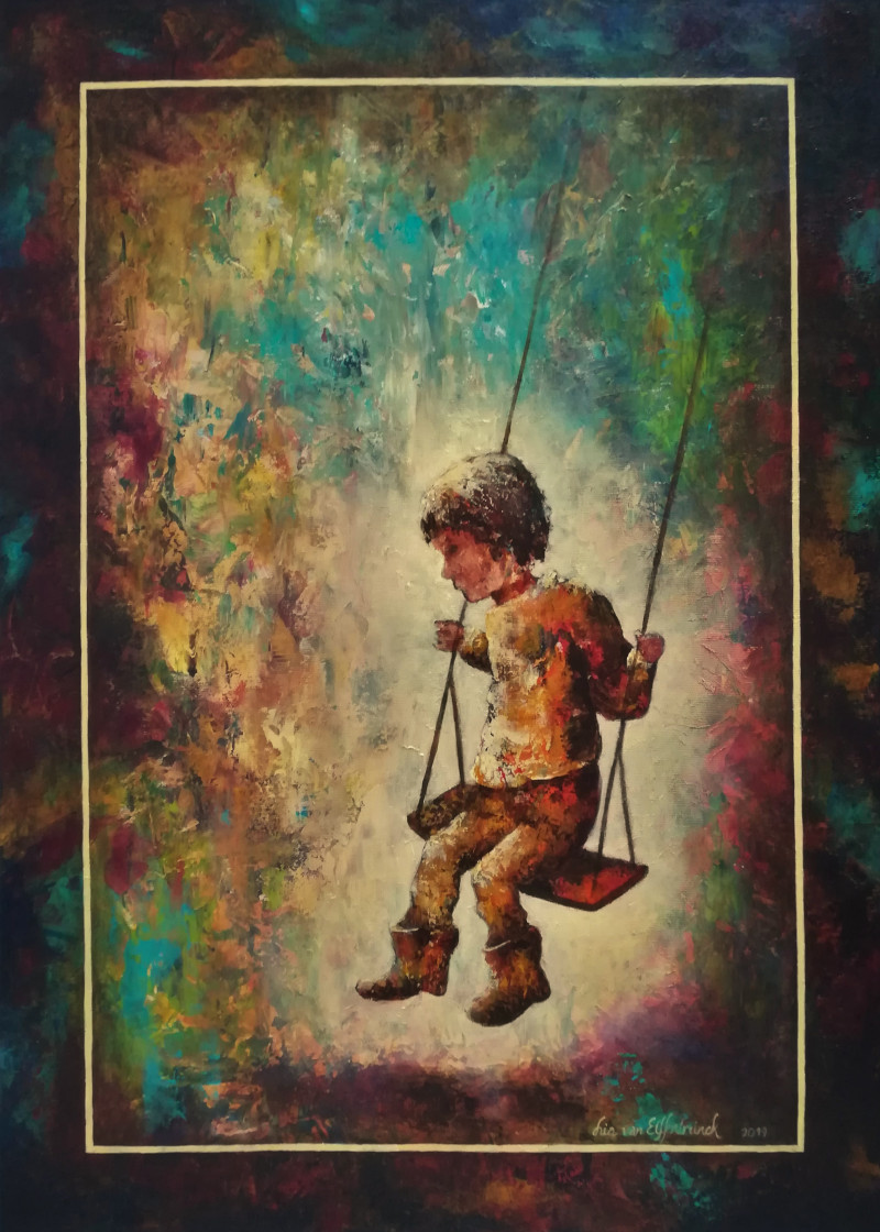 "Take the Chance", acrylic painting of a little boy on a swing on canvas 50x70cm.