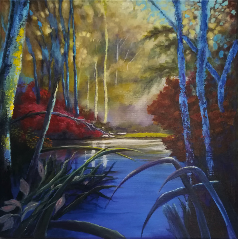 Painting of a landscape, blue trees in front of red bushes, some stones and a blue water surface.