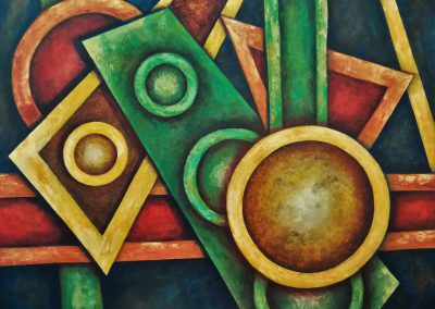 Assembling, painting of colored geometric figures, like rectangles, circles and triangles in yellow red and green on a dark blue background.