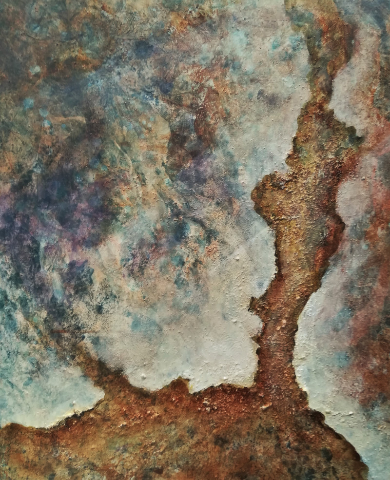 "Scorched Earth". Abstract painting of an old tree on a scorched piece of land in rusty colors.