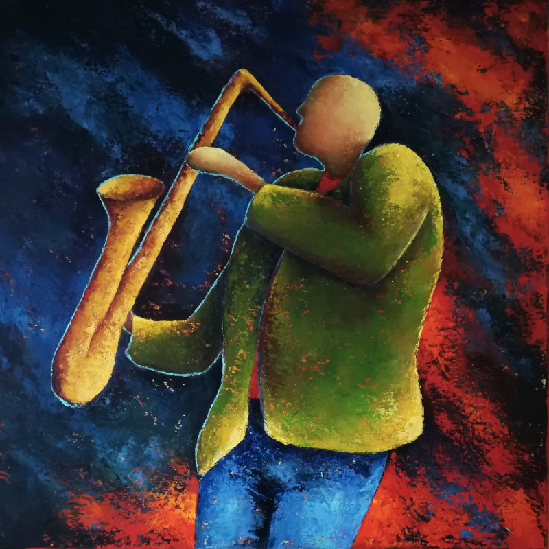 Every Breath You Take, palette knife painting of a saxophonist wearing a green jacket and a blue jeans in front of a blue and orange with red background,