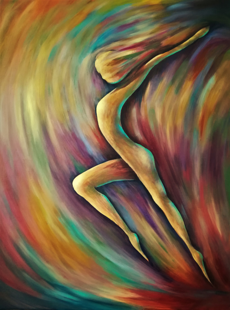 Motion, colourful painting of a female silhouette making a movement as if she is doing gymnastics.