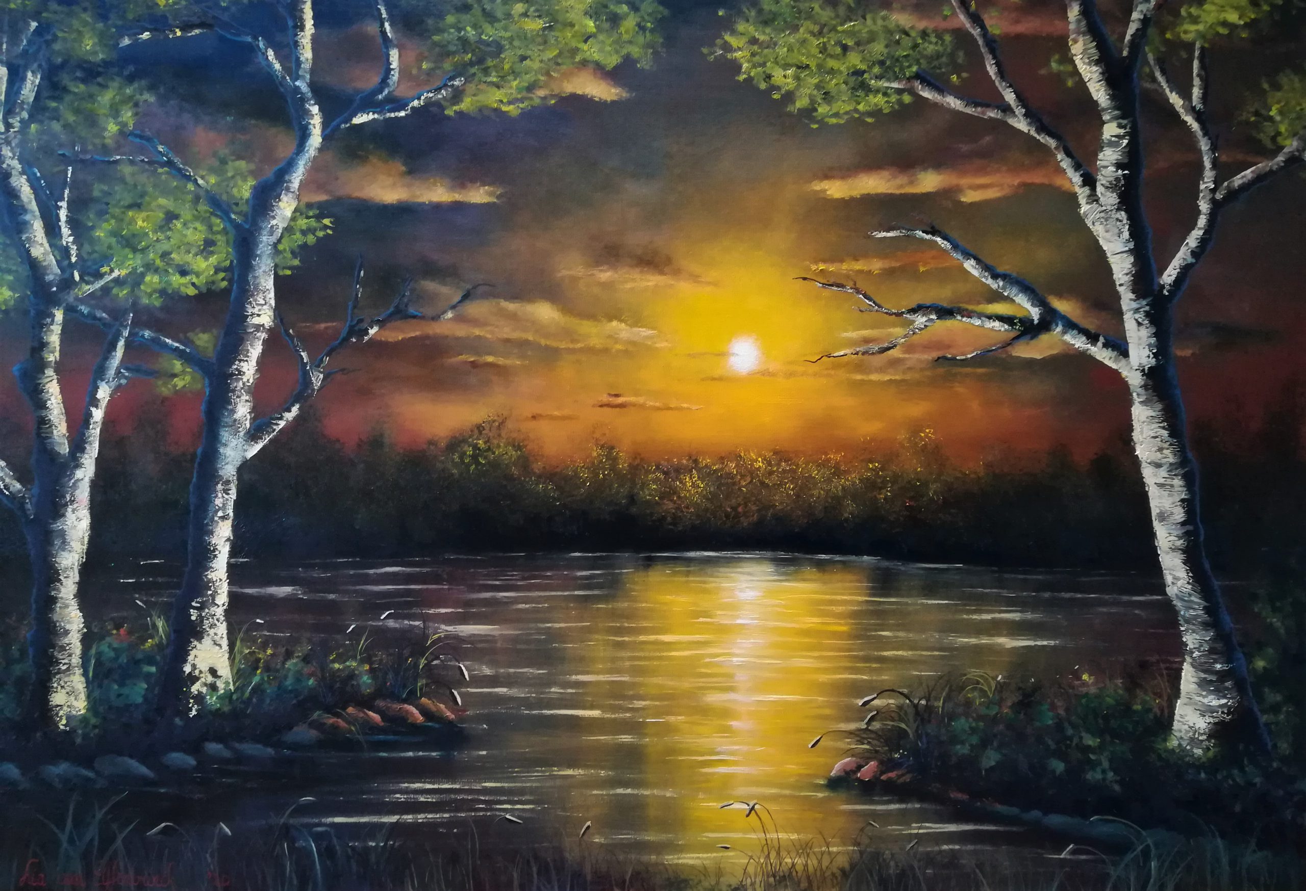 Edge of Sunset oil painting of a romantic yellow and orange sunset in a lake. There are three birch trees in the foreground.