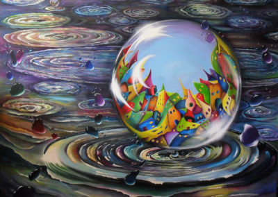 Urbe in Orbem. Acrylic Painting about a city in an orb or in a waterbubble. The big drop with the city in it is coming out of a water circle, all around are little waterdrops with highlights. The painting is very colourful especially the city. In the back you see another drop with a city in it splashing out of the water. 160x140cm. by Lia van Elffenbrinck. Made for the exhibition in De Fundatie in Zwolle, The Netherlands