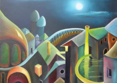 Arabian Nights oil painting by Lia van Elffenbrinck, colourful city at night with moonlight and two towers in the background and a bridge to the horizon.
