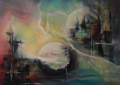 At World's End abstract painting inspired by the movie "Pirates of the caribbean, sail boats, pannage, air bubbles in front of a pink and turquoise sky, acrylics on canvas 80x60cm. by lia van elffenbrinck artist