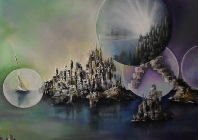Atlantis resurrected, green purple sky, blue green water, inbetween islands with city resurrected out of the water in the sky and on the water are big air bubbles with cities and a sailboat in it. Some big stairs are coming out of the bubbles reaching to the Islands. Acrylics on canvas. 90x70cm. Lia van Elffenbrinck artist