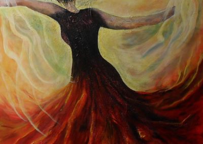 Firedance figurative painting of a dancing woman. She is wearing a red with black dress. The red tones on the skirt look like flames as if she dances in a fire, canvas 70x90cm. by Lia van Elffenbrinck