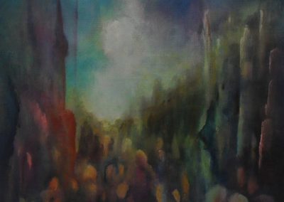 For Annett colorful abstract painting of many people in a busy street inbetween of high buildings and rocks on canvasboard 25x25cm. by Lia van Elffenbrinck