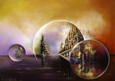 Leaving Town, Everything on this painting is about leaving: ships are sailing on a purple sea. In a town a girl is waving goodbye to a leaving car. All seen in three glazing bubbles in an orange and yellow sky. Acrylics on canvas 70x50 cm.