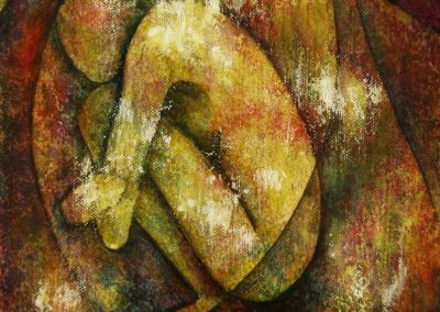 Cautious, painting of a colourful nude female figure. The woman is crouching down looking to the ground, canvas 24x30 cm.