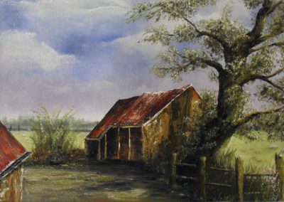 In Drenthe, oil painting on canvas, about the living in the environment I grew up. Happy blue sky with white clouds. Old ocker barn with a sienna roof, big blooming tree in the foreground and some sheeps behind a wooden fence60x40cm. by Lia van Elffenbrinck painter