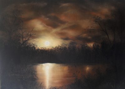 In the Night, brown rusty sky behind a brown and rusty lake at night oil painting on black canvas, 40x30cm. by lia van elffenbrinck artist
