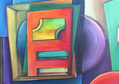Looking in Abstract very colourful painting of levels and planes on canvas 50x40cm. by Lia van Elffenbrinck