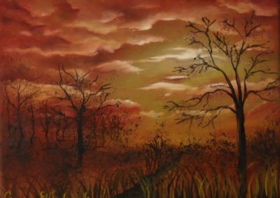 Morning has broken, Red clouds with sun rising in a yellow sky, brown trees and grass in the front, oil painting on canvas, 24x18cm by Lia van Elffenbrinck artist.