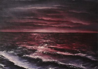 Ocean seperates land not souls, dark red horizon washing into purple clouds, the ocean also is red and purple, oil painting by lia van elffenbrinck painter