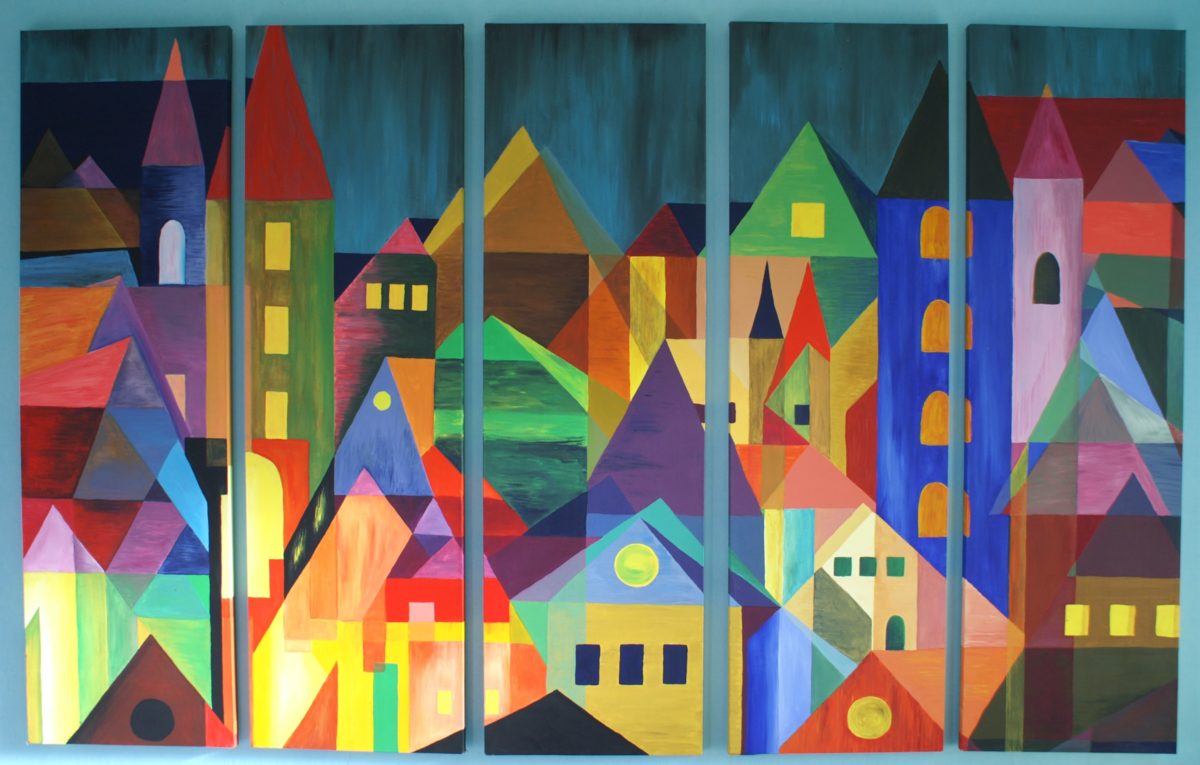 Ode to Feininger gouache painting of a colourful city, you see various buildings in all shapes and colours by Lia van Elffenbrinck. I made this painting as an hommage to Lional Feininger