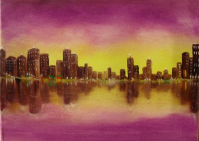 Purple city. Oil painting on canvas, 18x13cm. It is a yellow with purple sky behind a brown city. In the front you see water, where the sky and the city are reflecting their colours. By Lia van Elffenbrinck painter.