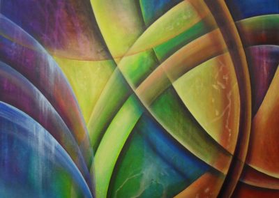 Confused Shapes, abstract painting of round shapes in various colourshades of blue, purple, yellow and green by painter Lia van Elffenbrinck